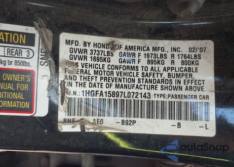 2007 Honda Civic Ex из США, поврежденный, VIN 1HGFA15897L072143